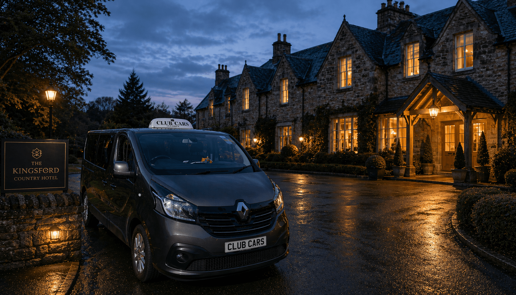 Club Cars minivan arriving at Kingsford Country Hotel at dusk